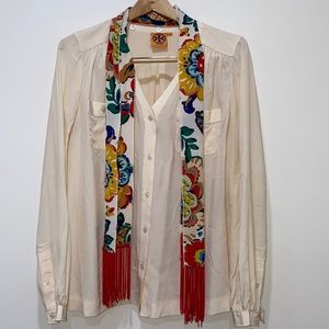 Tory Burch Cream Blouse with Floral Scarf Accessory Size 12